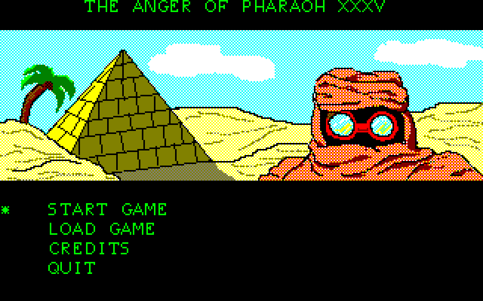 The title screen of The Anger of Pharaoh XXXV: a pyramid and a sphinx wearing sunglasses in 256 colours, with the game's menu in the text area below.