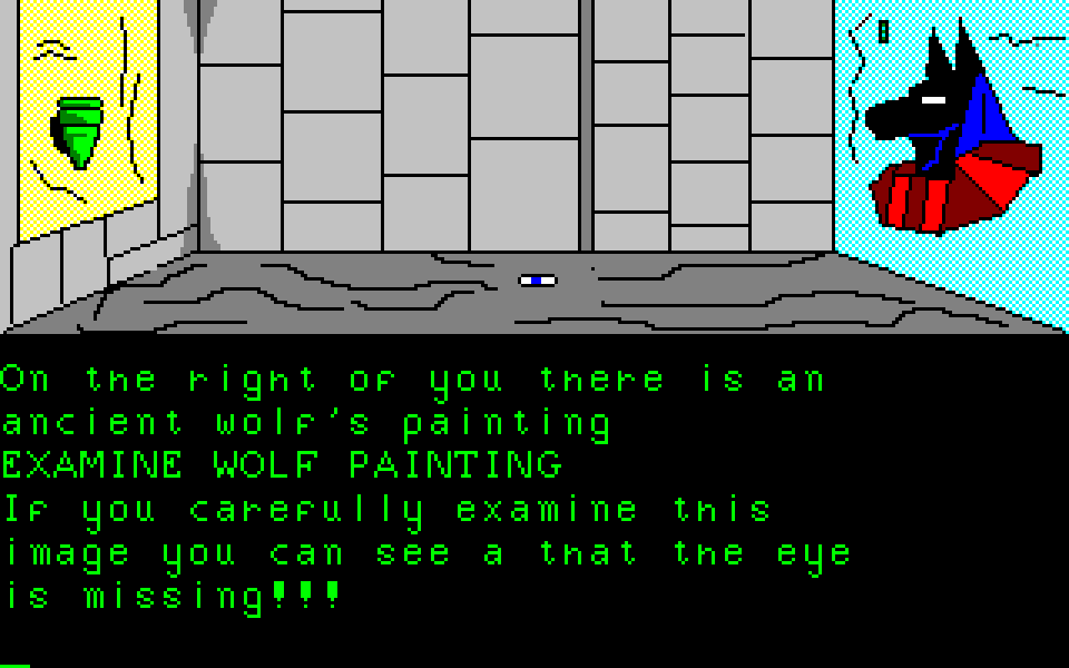 The first room of the game: a stone chamber with a painting of a wolf missing one eye on the right wall, a small painted rock on the floor, and the game's green text console below describing the room.