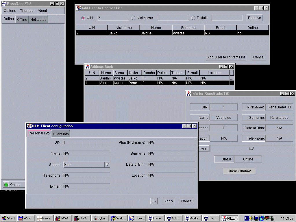 NLM Client — contact list, message window, user information and editing