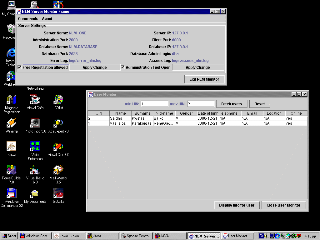 NLM Administration Tool — user administration window